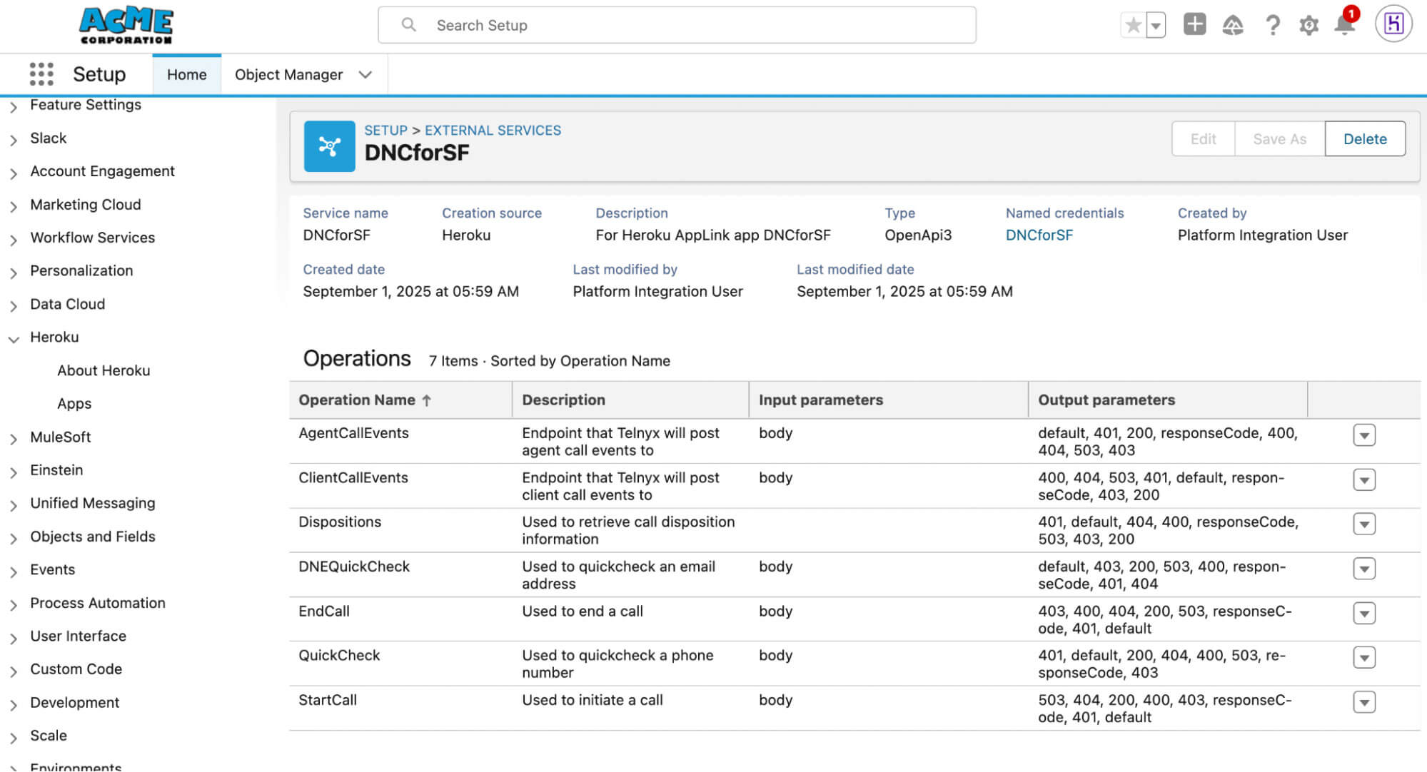 A Salesforce setup page displays details for the external service "DNCforSF," including operations, descriptions, input parameters, and output parameters in a table.