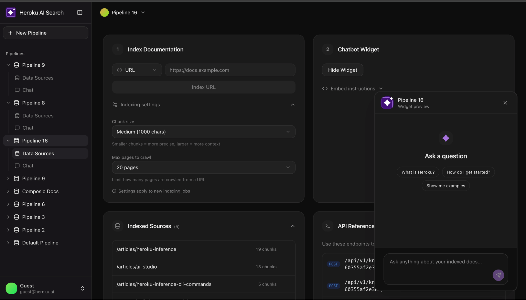 A dashboard interface showing indexing settings, data sources, and a chatbot widget for Heroku AI Search.