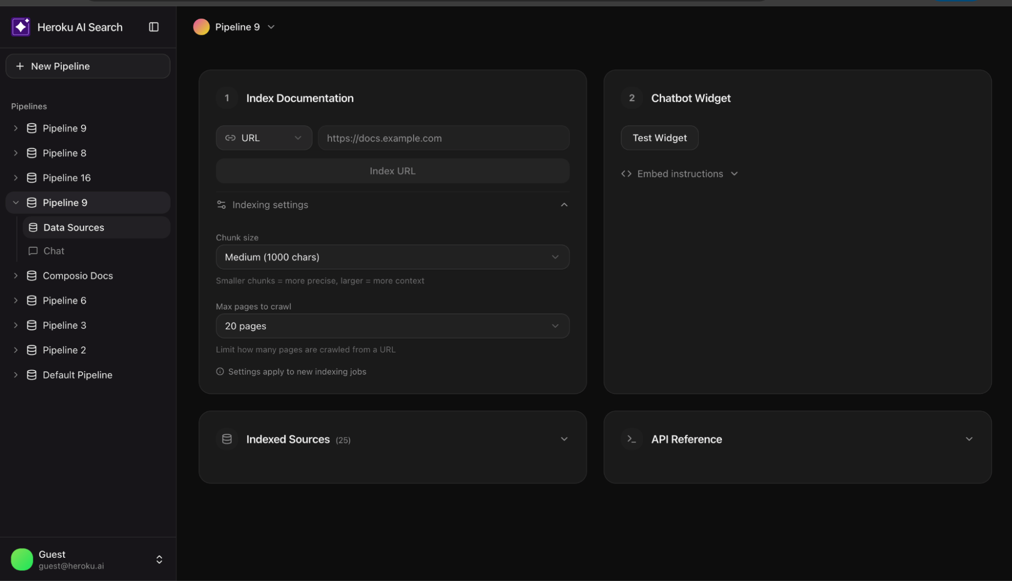 Screenshot of a web dashboard with sections for pipeline selection, index documentation settings, chatbot widget, data sources, indexed sources, and API reference on a dark interface.
