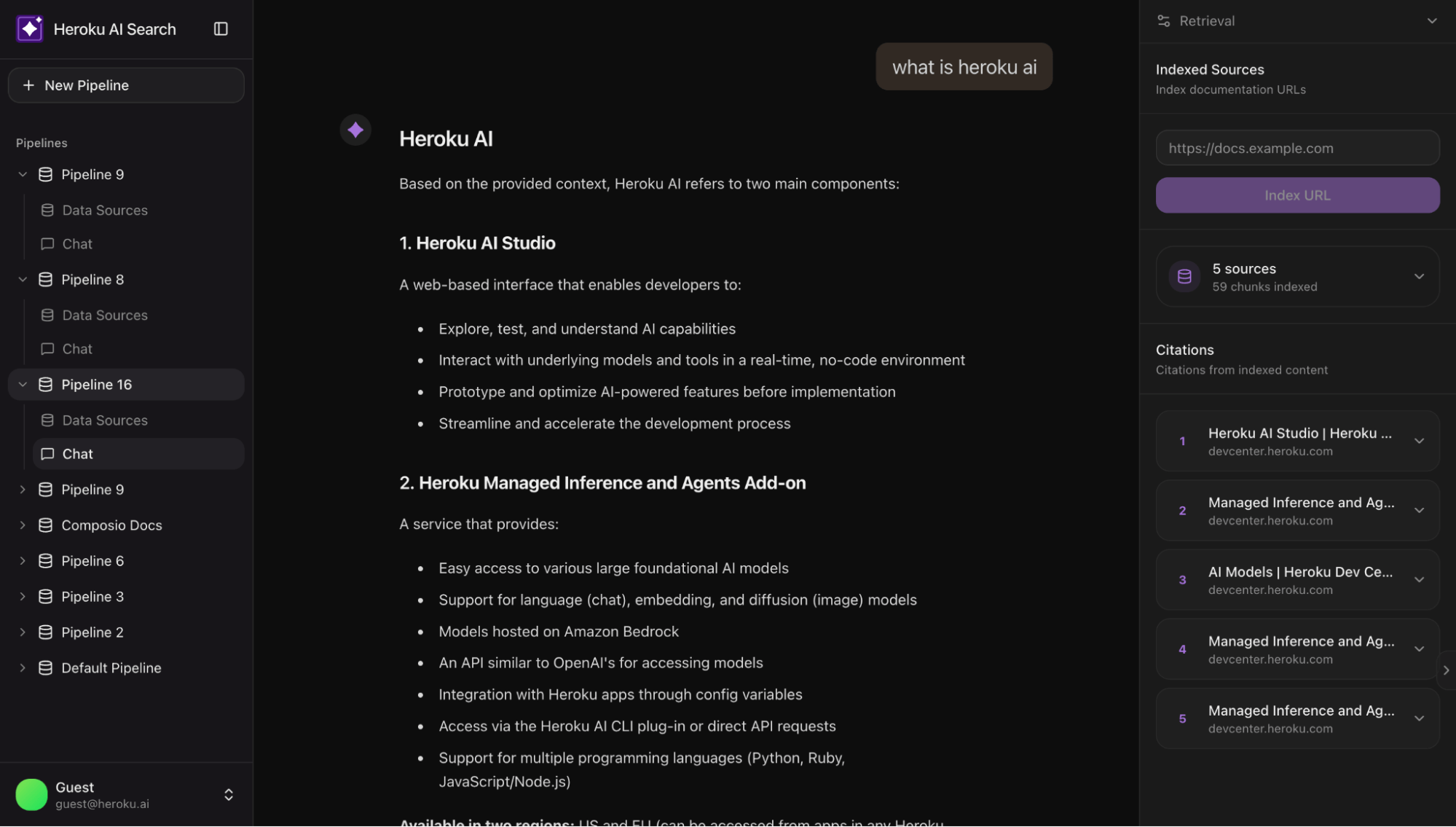 A dark-themed interface displays information about Heroku AI, outlining its main components and features, with a sidebar, sources, and related content sections visible.